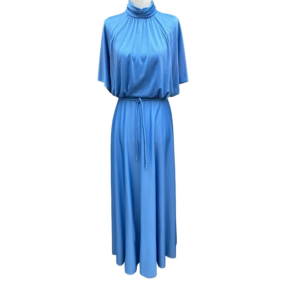 Vintage 70s‎ Blue Mock Neck Cape Sleeve Maxi Dress Disco Gown Tie Waist Blue